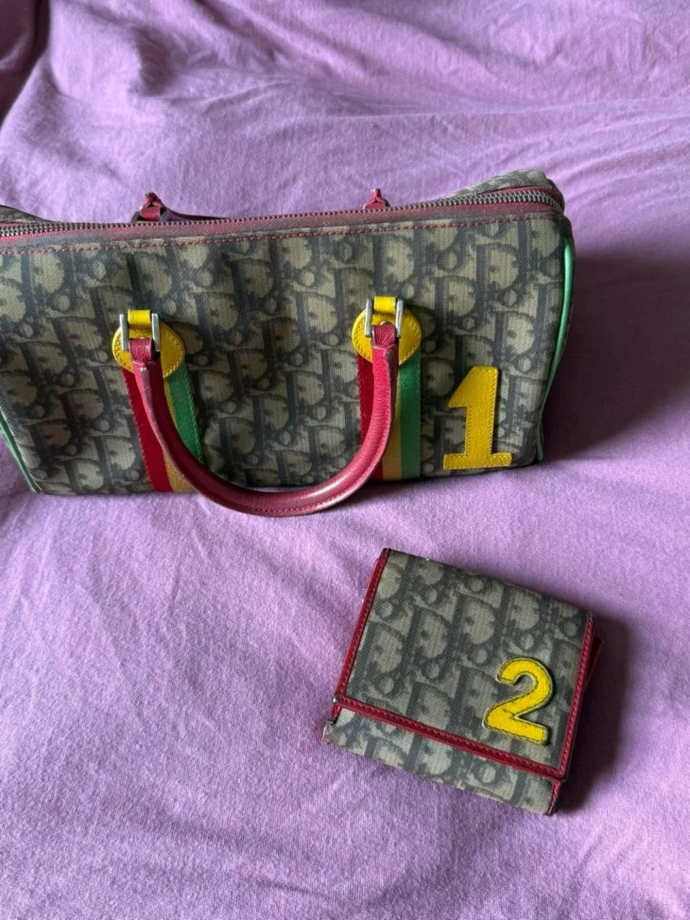 Dior Monogram Canvas Wallet with Burgundy Trim and Yellow Patch
